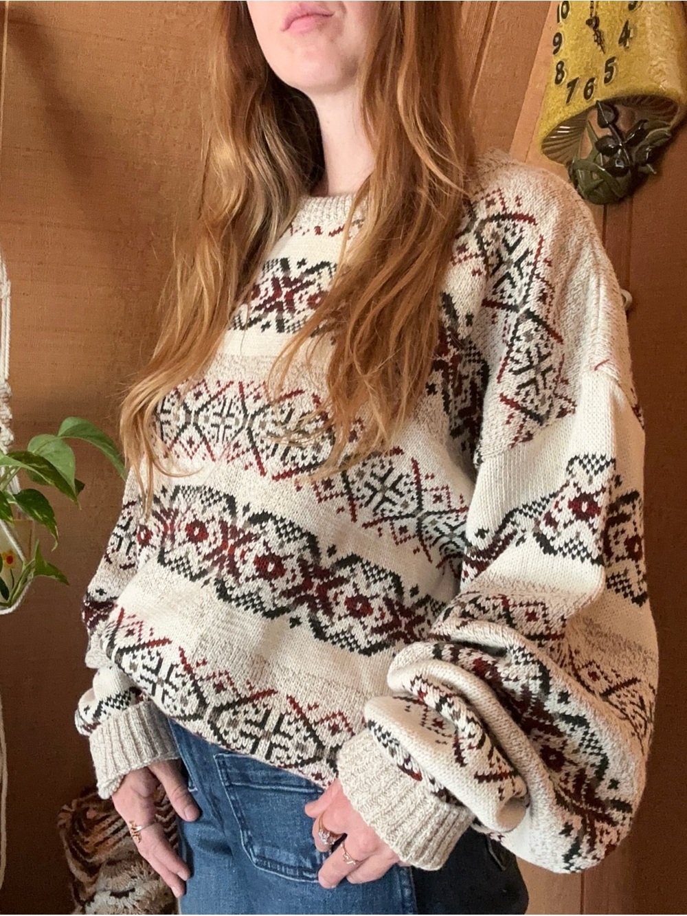 Vintage 80s Cambridge Classics Knit Sweater Cream Burgundy Black L